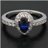 Image 5 : 14k White Gold 1.33 ctw FINE Pear Sapphire Solitaire Ring w/ Round Diamond Halo