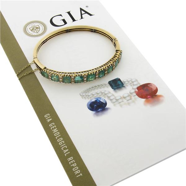 Vintage Victorian Revival 14k Gold 14.60 ctw GIA Emerald & Diamond Bangle Bracel