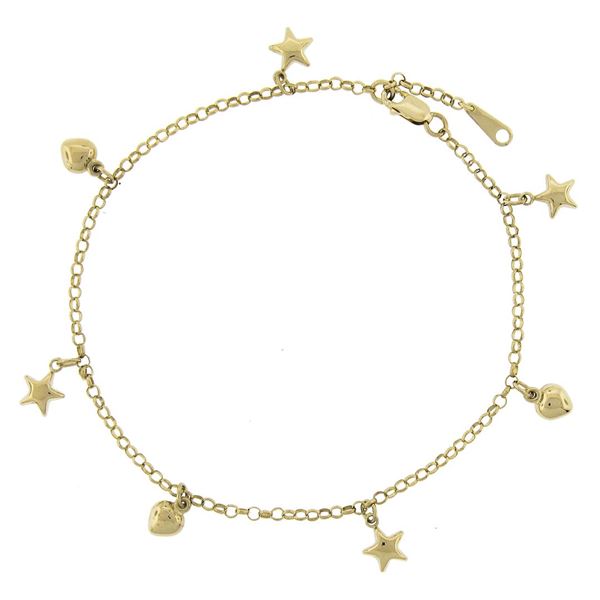 14k Yellow Gold Puffed Stars & Hearts Adjustable Rolo Link Ankle Bracelet Anklet