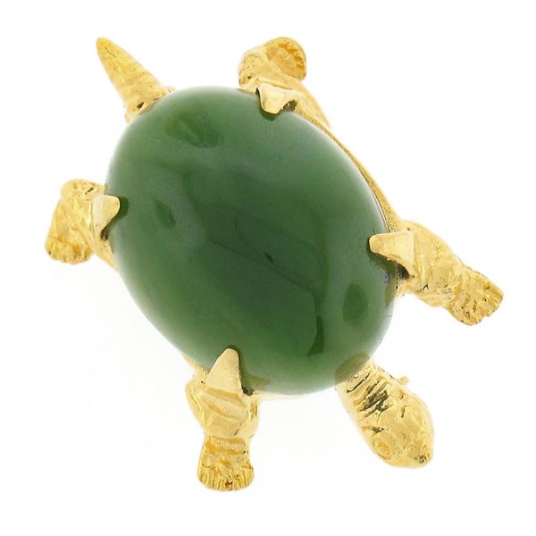 Vintage 14k Gold Cabochon Green Jade Detailed Small Turtle Tortoise Pin Brooch