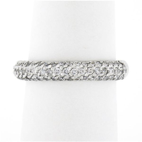 14K White Gold 0.60 ctw Round Pave Diamond 3 Row Domed Stack Wedding Band Ring