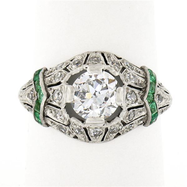 Antique Art Deco Plat GIA European Diamond & Emerald Mil grain Etched Domed Ring
