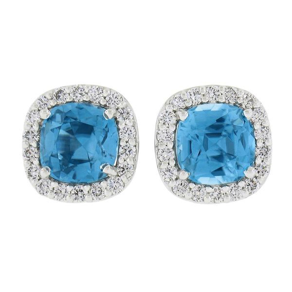 New 18k White Gold 5.61 ctw Cushion Cut Blue Zircon & Diamond Halo Stud Earrings