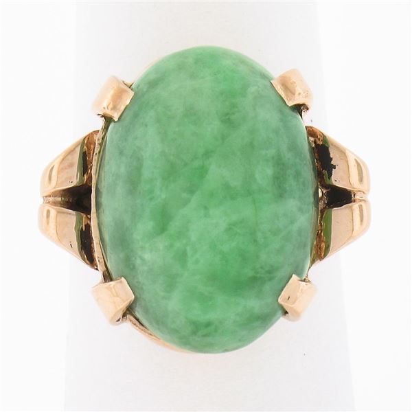 Vintage Retro 14K Rose Gold Oval Cabochon Marbled Jade Solitaire Cocktail Ring