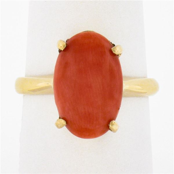 Vintage 14K Gold Elongated Oval Cabochon Pinkish-Orange Coral Solitaire Ring