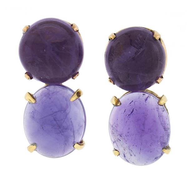 Vintage 14K Yellow Gold Round & Oval Cabochon Cut Amethyst Drop Dangle Earrings