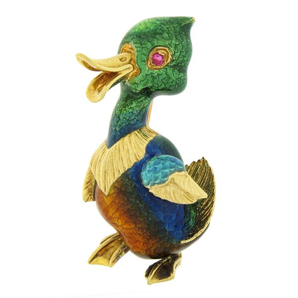 Vintage 18k Gold Multicolor Enamel Detailed Textured Ruby Eye Duck Pin Brooch