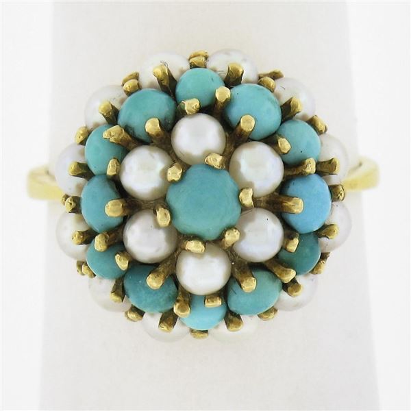 Vintage Solid 18K Yellow Gold Pearl & Turquoise Domed Cocktail Ring