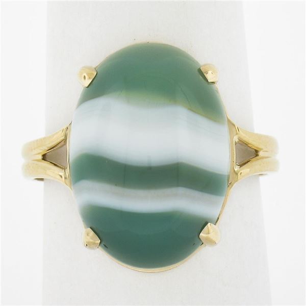 New 14k Yellow Gold 18.2x13mm Oval Cabochon Prong Set Green Agate Solitaire Ring