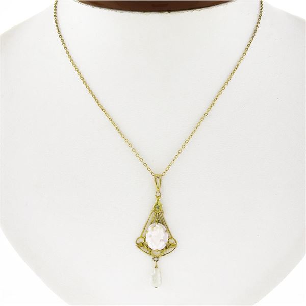 Antique 10k Gold Carved Cameo Hardstone w/ Pearl Dangle Lavalier Pendant Chain