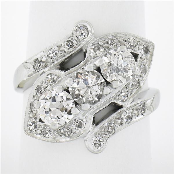Vintage Platinum 1.95 ctw Large Old European Cut Diamond Bypass Ring w/ Accents