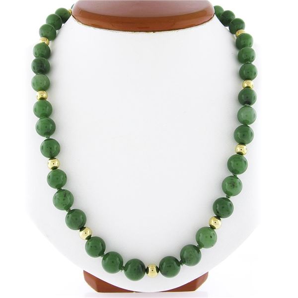 Vintage 29" Round Nephrite Jade Bead Strand Necklace w/ 14k Gold Balls & Clasp
