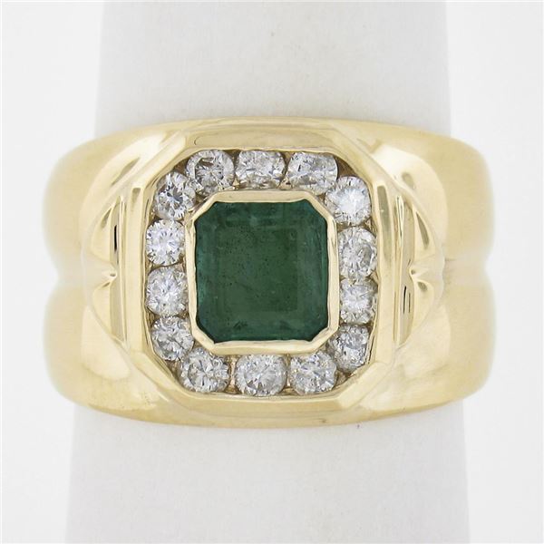 Estate 14k Yellow Gold 1.56 ctw Green Emerald & Channel Set Diamond Wide Band Ri