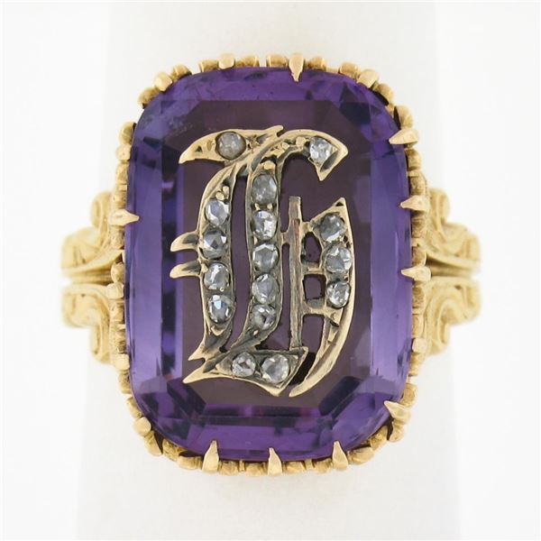 Vintage 18k Gold Repousse Amethyst & Diamond Old English Letter Cocktail Ring