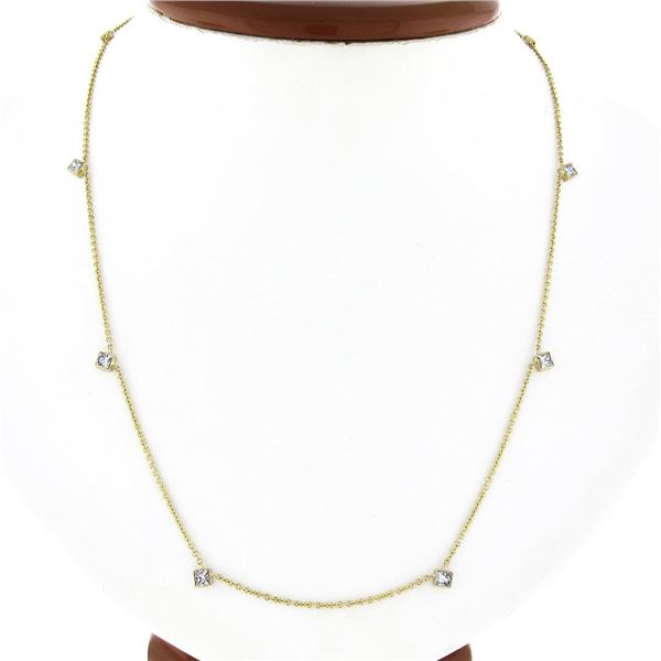 NEW 14K Gold 1.14 ctw Bezel Station Princess Diamond by the Yard Chain Necklace