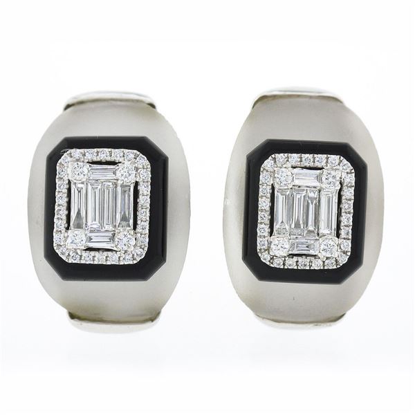 18k White Gold Rock Crystal Black Onyx & Baguette Diamond Domed Button Earrings