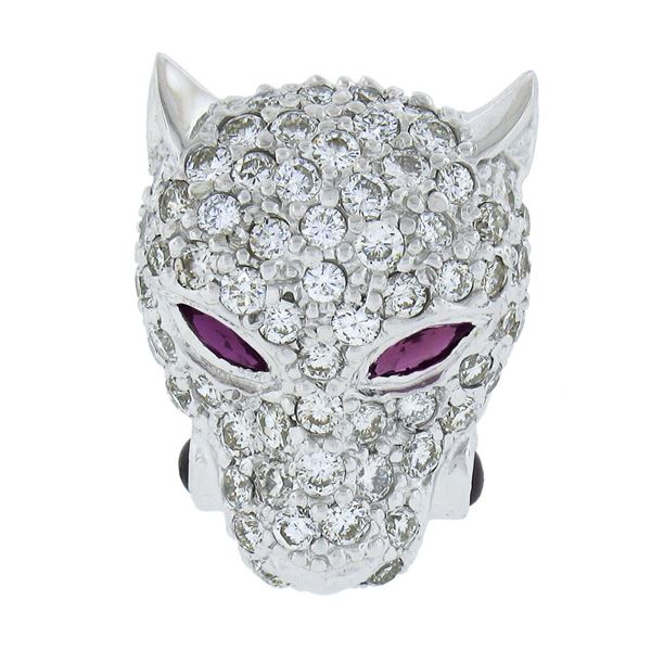 Italian 14K White Gold 2.30 ctw Diamond & Ruby Panther Face Head Slide Pendant