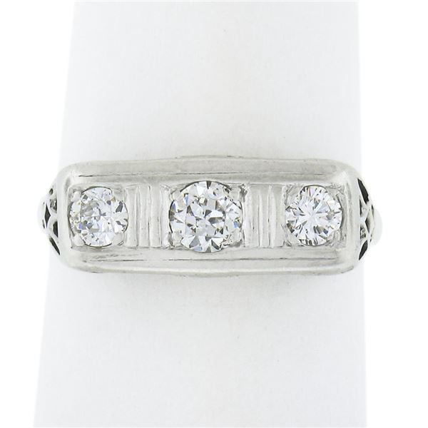Antique Edwardian Platinum & 14K Gold 0.35 ctw Diamond Filigree 3 Stone Band Rin