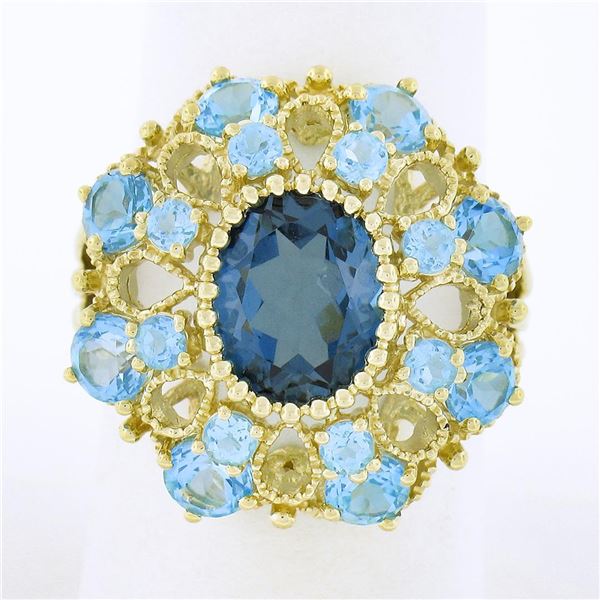 10k Yellow Gold Large Oval Round Blue Stone Open Work Domed Tiered Cluster Ring