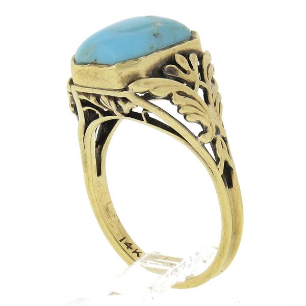 Vintage 14k Yellow Gold Cabochon Bezel Turquoise Open Filigree Work Ring