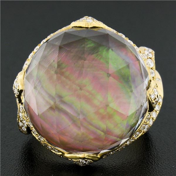 18k Gold Faceted Rock Crystal Black Mother of Pearl Ring w/ 1.20 ctw Diamonds