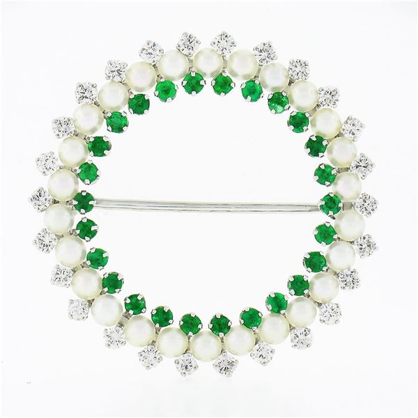 Vintage 14k Gold 1.60 ctw Round Diamond Emerald & White Pearl Circle Wreath Broo