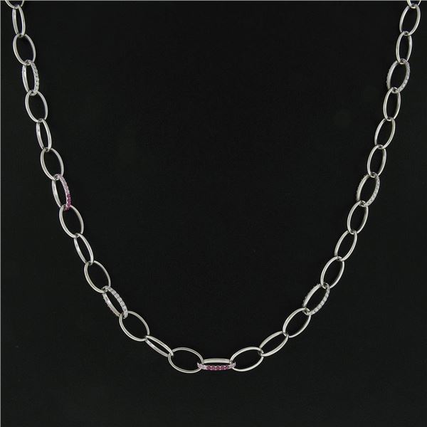 Platinum Long 29" Open Oval Link Chain Slip On Necklace w/ Diamond & Pink Stones