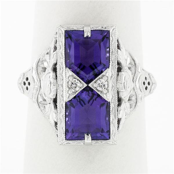 14K White Gold 1.80 ctw Amethyst & Diamond Filigree Etched Milgrain Platter Ring