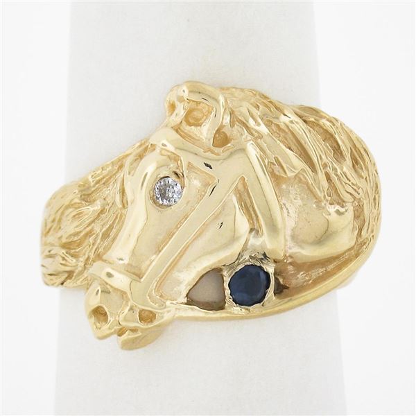 Estate 14K Yellow Gold Detailed Horse Head Band Ring w/ 0.10 Diamond & Sapphire