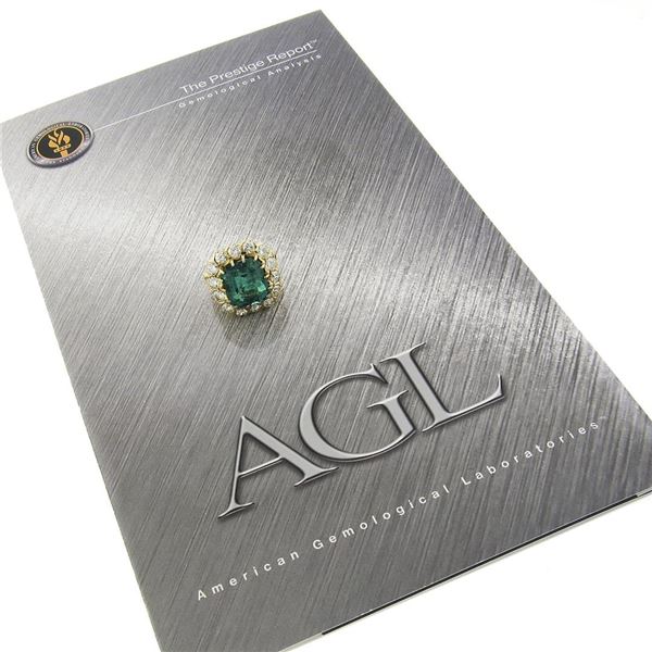 VERY FINE 18k Gold 14.3 ctw AGL Colombian Emerald & Diamond Halo Cocktail Ring