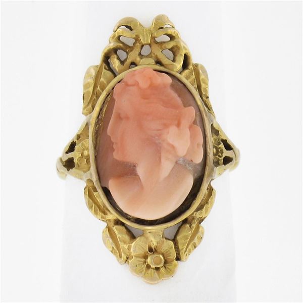 Antique 14k Yellow Gold Bezel Oval Carved Coral Cameo Bow Flower Frame Ring