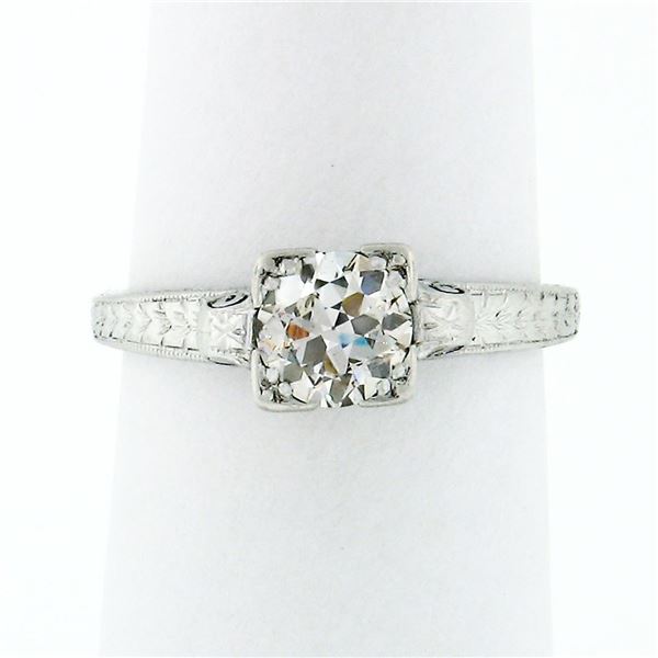 Antique Art Deco Platinum.80 ctw European Diamond Engraved Scroll Engagement Rin