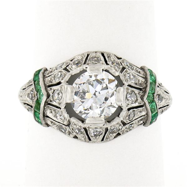 Antique Art Deco Plat GIA European Diamond & Emerald Mil grain Etched Domed Ring