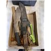 Image 2 : TRAY WITH MACHETES AND CUTTERS, ASSORTED PAINTING AND DRYWALL SUPPLY IN TOTE