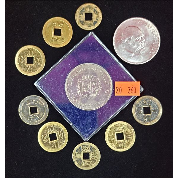 Lot of Assorted Asian Coins, 1972 Canadian Dollar, & Churchill Commemorative Coin