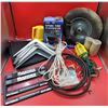 Image 1 : Tool & Vehicle Lot w/ Work Light, Spare Tire Cover, License Plate Covers, Shelf Brackets, & More