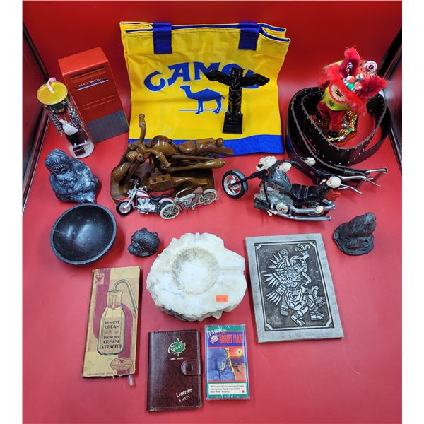 Collectibles Lot w/ Camel Advertising Tote, VTG Cream Remover, Soapstone Figures, & More