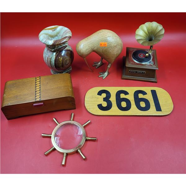 Collectibles Lot w/ Wooden Kiwi, Gramy-Phone 8 Transistor Radio, & More