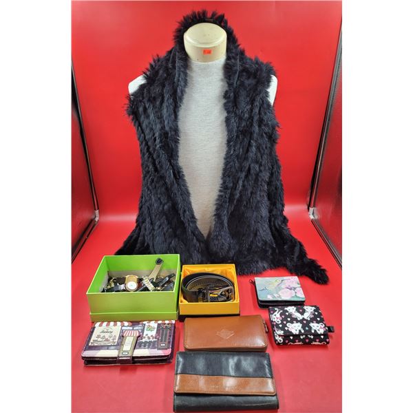 Vest & Accessory Lot w/ Danier Vest, Assorted Wallets, Watches, & Belt