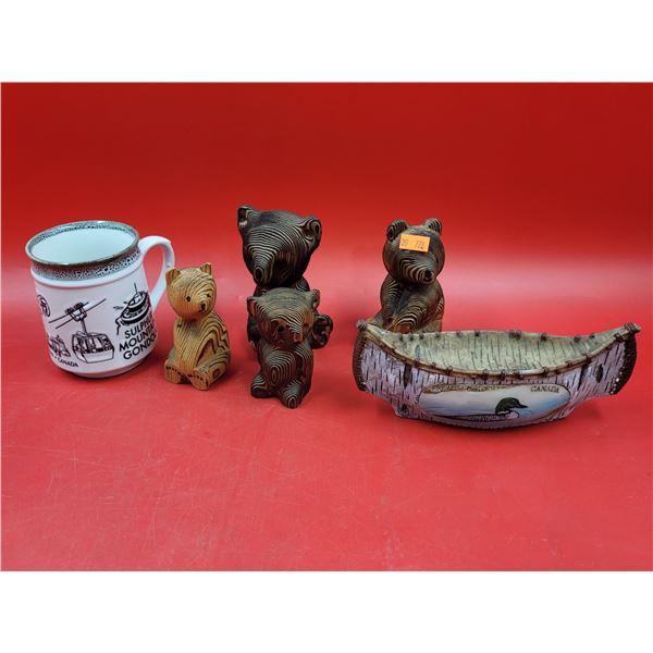 Collectibles Lot w/ Handcrafted Bear Figures, Birch Bark Canoe, & Sulphur Mountain Mug
