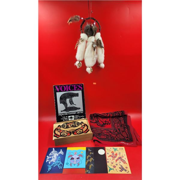 Native Art Lot w/ Dreamcatcher, 1997 Signed Scarf, Postcards, Lidded Box, & Book