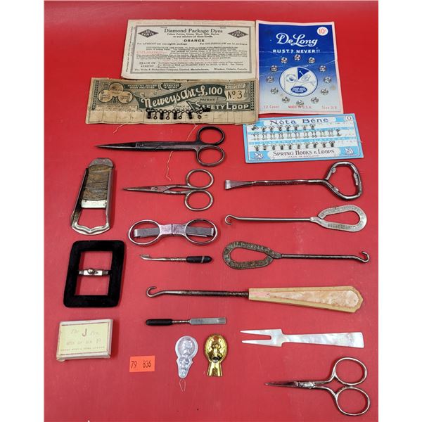Lot of VTG Button Hooks, Openers, & Sewing Supplies