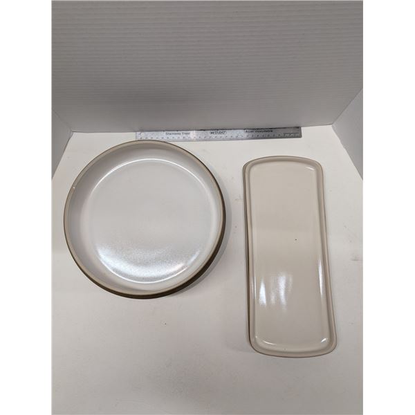 Nugu set of two each large round curve edge bowls/small rectangular platters # light sand