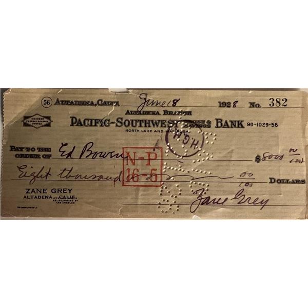 Zane Grey signed check dated 1928