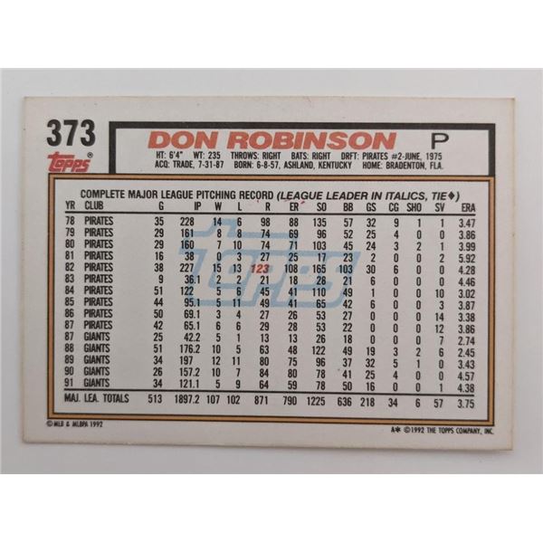 Don Robinson Signed Baseball Trading Card - Topps #373 1992