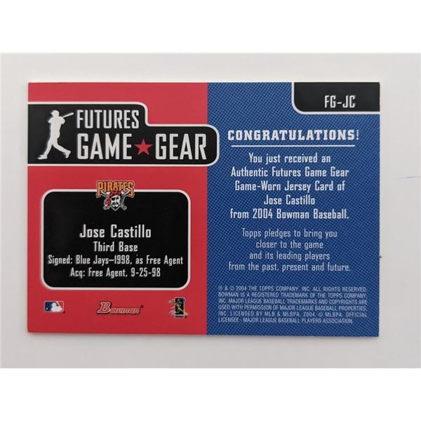 Jose Castillo Baseball Trading Card with 2003 Futures Game Worn Jersey Swatch - Bowman Futures # FG-