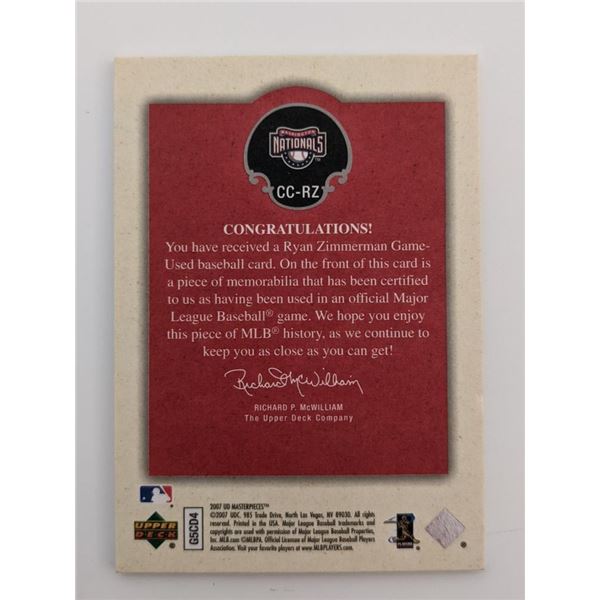 Ryan Zimmerman Baseball Trading Card with Game Used Jersey Swatch - Upper Deck UD Masterpieces #CC-R