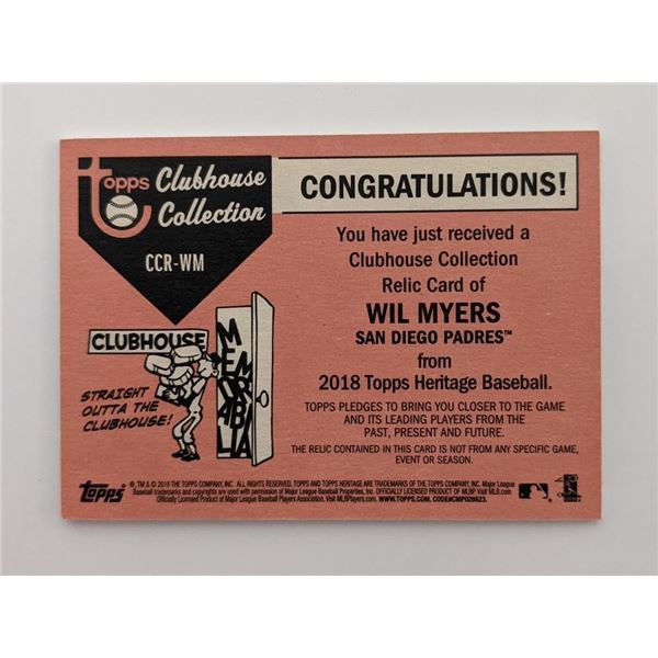 Wil Myers Baseball Trading Card with Game Worn Jersey Swatch - Topps Heritage Clubhouse Collection #