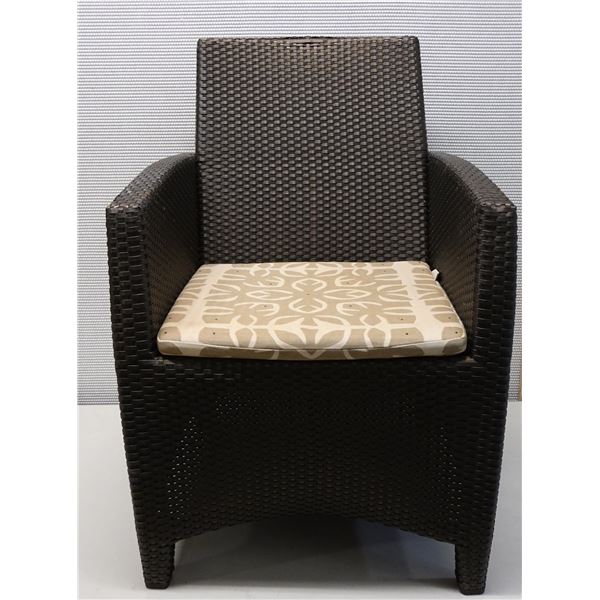 Qty 1 JANUS et Cie Woven Patio Lounge Chair, Approx. 22"W, 34.5"H, 19" D (some wear & tear)