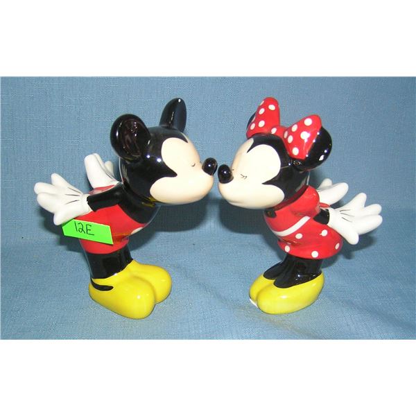 Pair of porcelain Mickey and Minnie Mouse kissing large size S&P Shakers